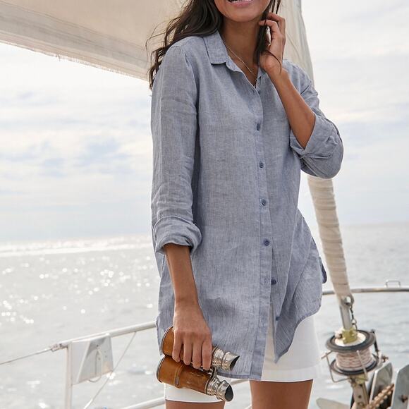 Garnet Hill Easy Linen Tunic Button Down Top Small Blue Lagenlook Coastal Beach - Picture 1 of 10